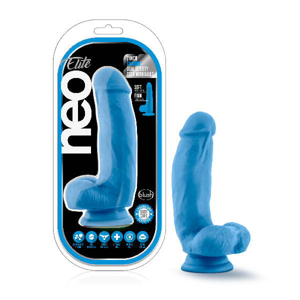 Neo Elite - 7&quot; Silicone Dual Density Cock with Balls - Neon Blue