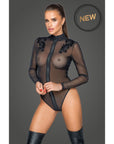 Zipped Tulle Bodysuit with Embroidery - Black