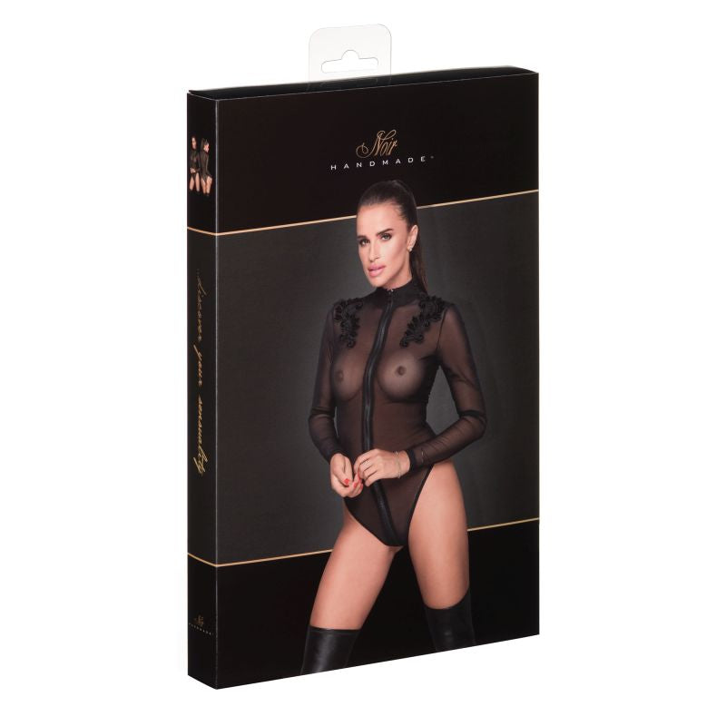 Zipped Tulle Bodysuit with Embroidery - Black - K. P.