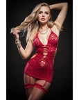 Cutout Lace Halter Dress With Garters - Red