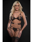 Caged Wired Bra and Garter Cut Out Cage Panty with Stockings - Black - K. P.