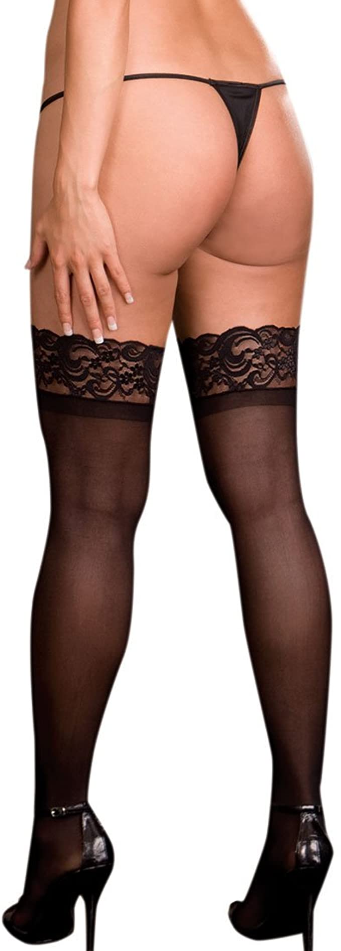 Sheer Thigh High Stockings w/ Lace Top - Black - Q - K. P.