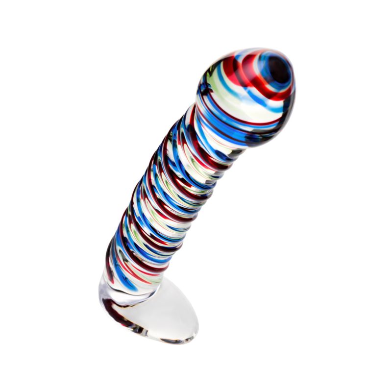 Sexus Glass - 16cm Dildo Stripes with Base - Blue/Red