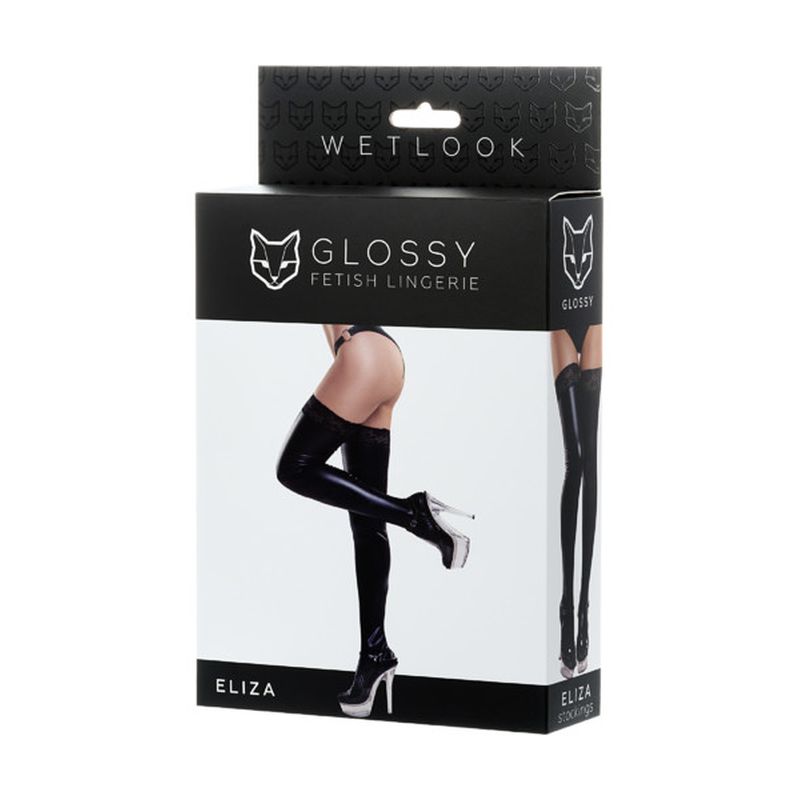 Wetlook Stockings with Lace Insert - Eliza - Black