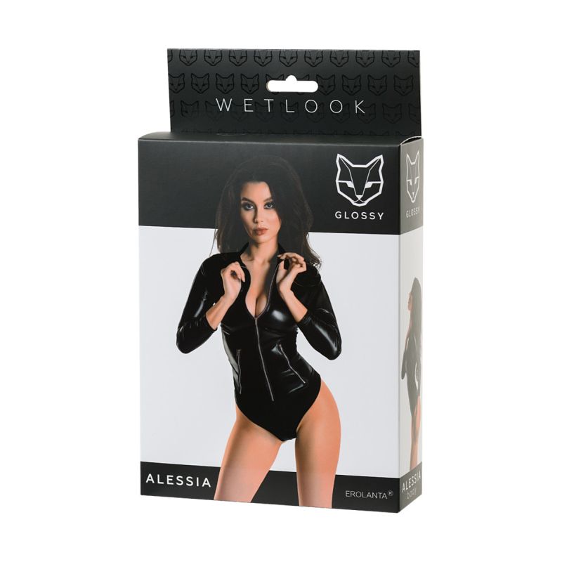 Wetlook Bodysuit with Zip - Alessia - Black