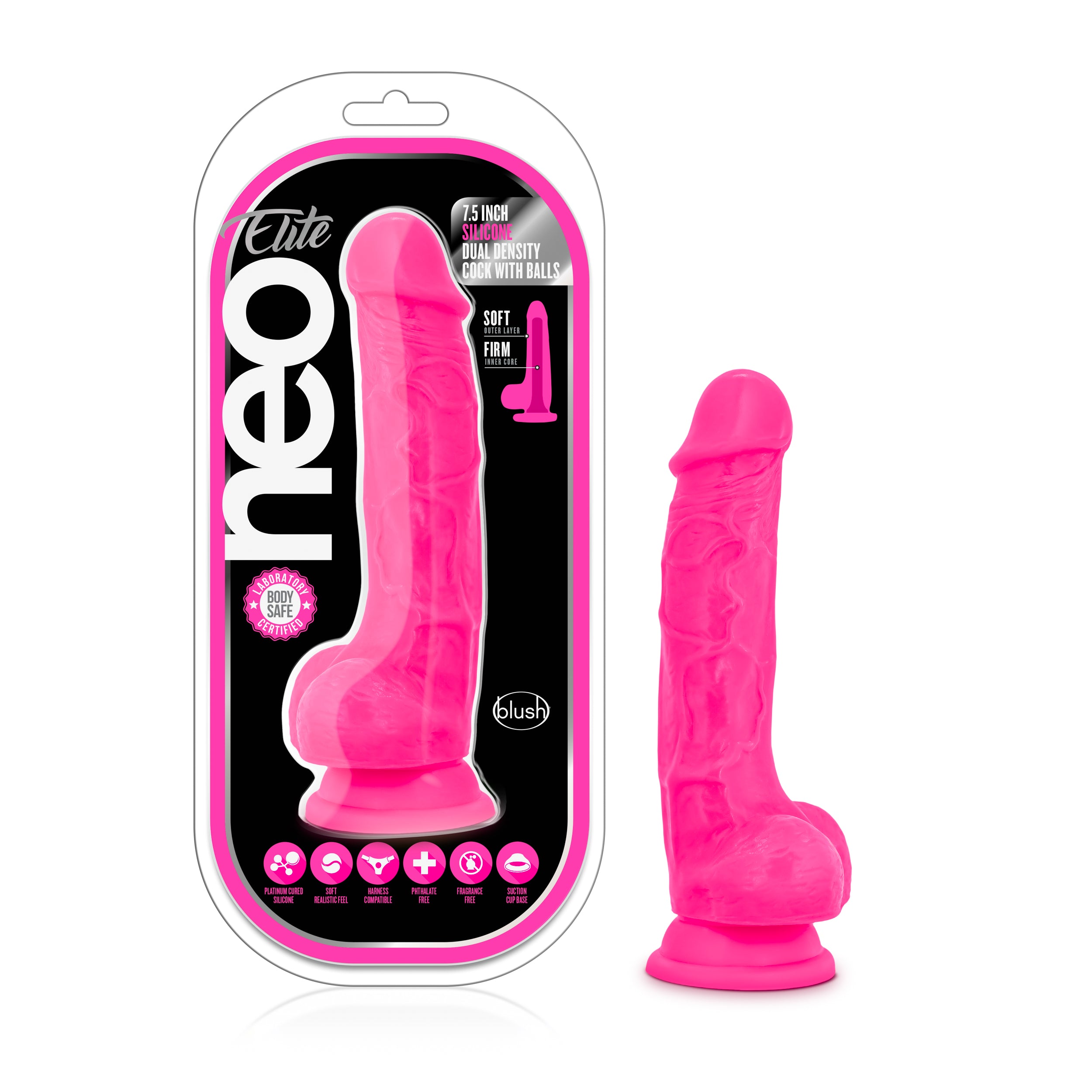 Neo Elite - 7.5&quot; Silicone Dual Density Cock with Balls - Neon Pink