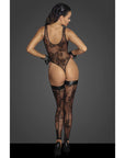 Tulle Bodysuit with Patterned Flock Embroidery - Black