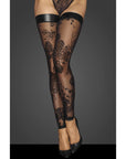Tulle Stockings with Patterned Flock Embroidery & Power Wetlook Band - Black
