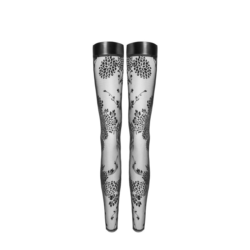 Tulle Stockings with Patterned Flock Embroidery &amp; Power Wetlook Band - Black