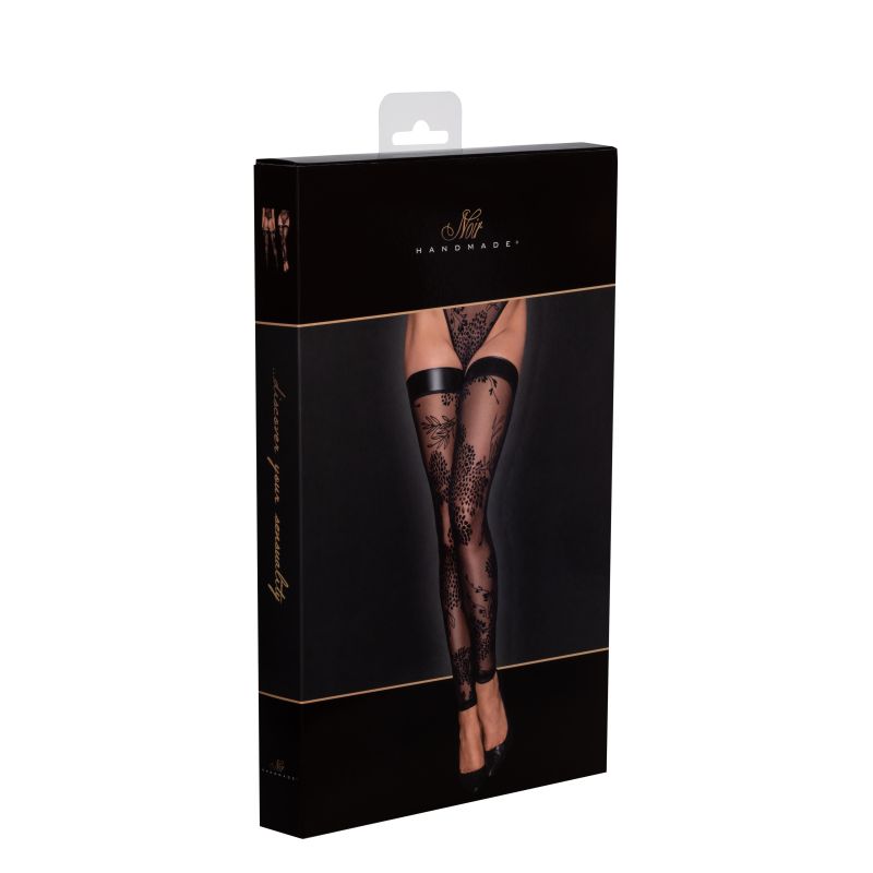 Tulle Stockings with Patterned Flock Embroidery &amp; Power Wetlook Band - Black