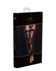 Tulle Stockings with Patterned Flock Embroidery & Power Wetlook Band - Black