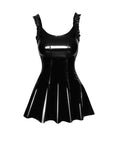 Short PVC Dress with Frilled Shoulder Straps - Black