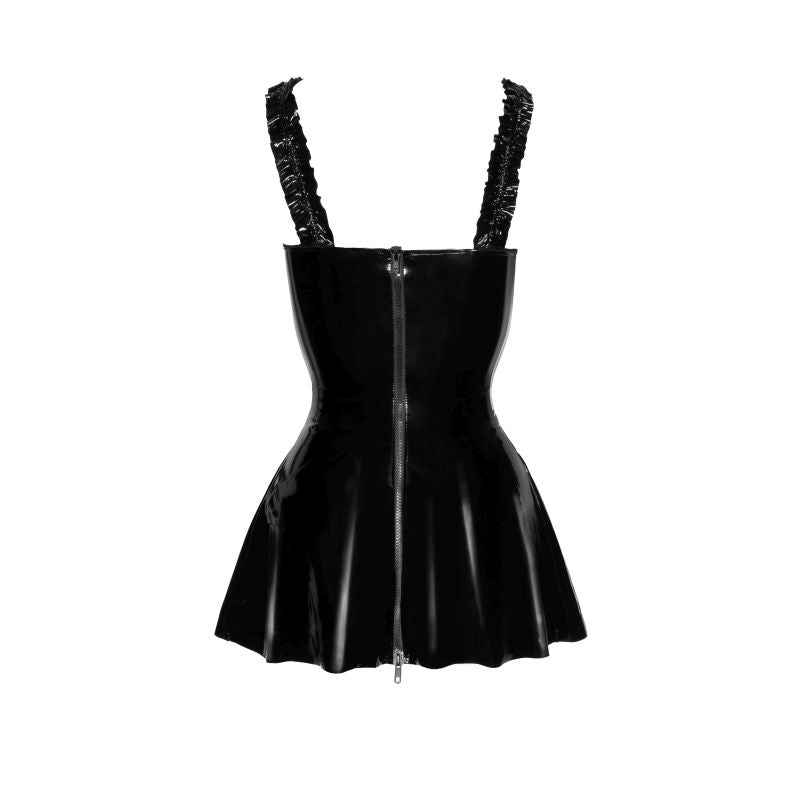 Short PVC Dress with Frilled Shoulder Straps - Black
