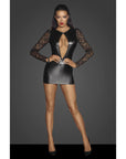 Power Wetlook Short Dress with Lace Sleeves - Black