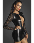 Power Wetlook Short Dress with Lace Sleeves - Black