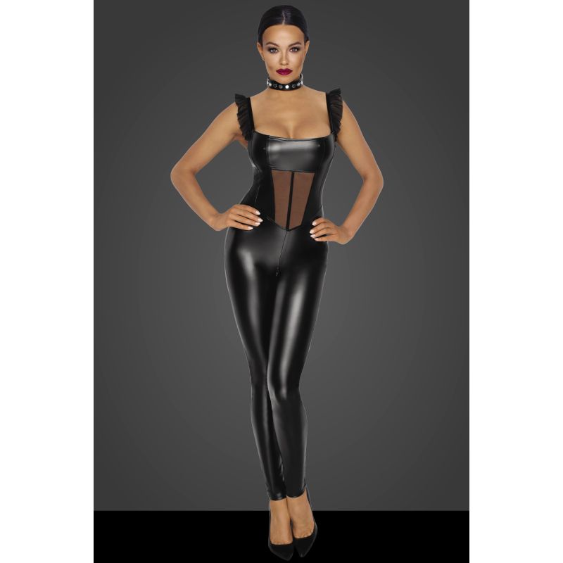 Power Wetlook Overall with Tulle Panel - Black
