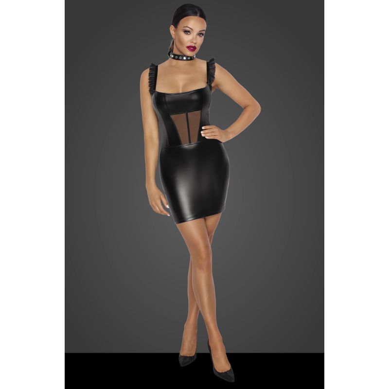 Power Wetlook Short Dress with Front Tulle Inserts - Black - K. P.