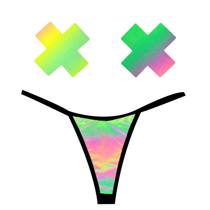 Rainbow Reflective G-String and X Pastie Set - Multi-Coloured