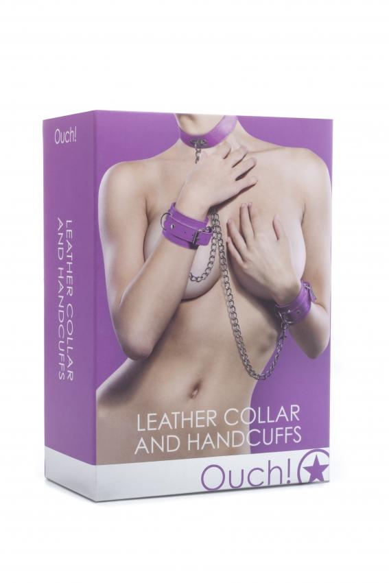 Ouch! - Leather Collar and Handcuffs - Purple