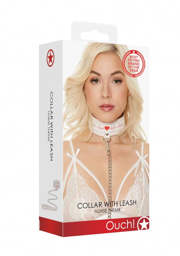 Ouch! - Collar With Leash Nurse Theme - White