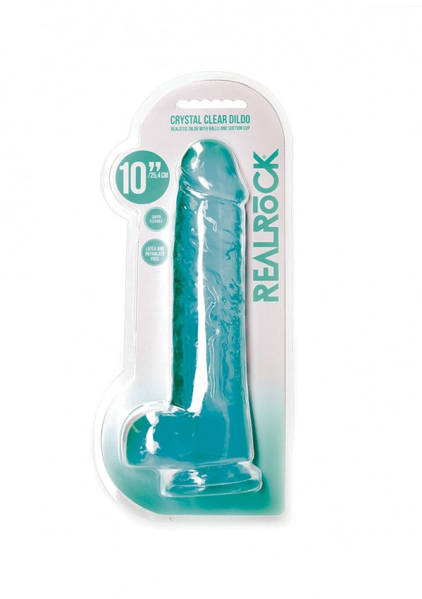 Realrock Crystal Clear - Realistic Dildo With Balls 10&quot; / 25.4 cm - Turquoise