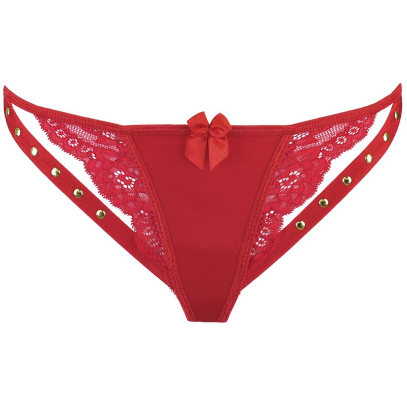 Microfiber and Lace G-String with Studs - Red - K. P.