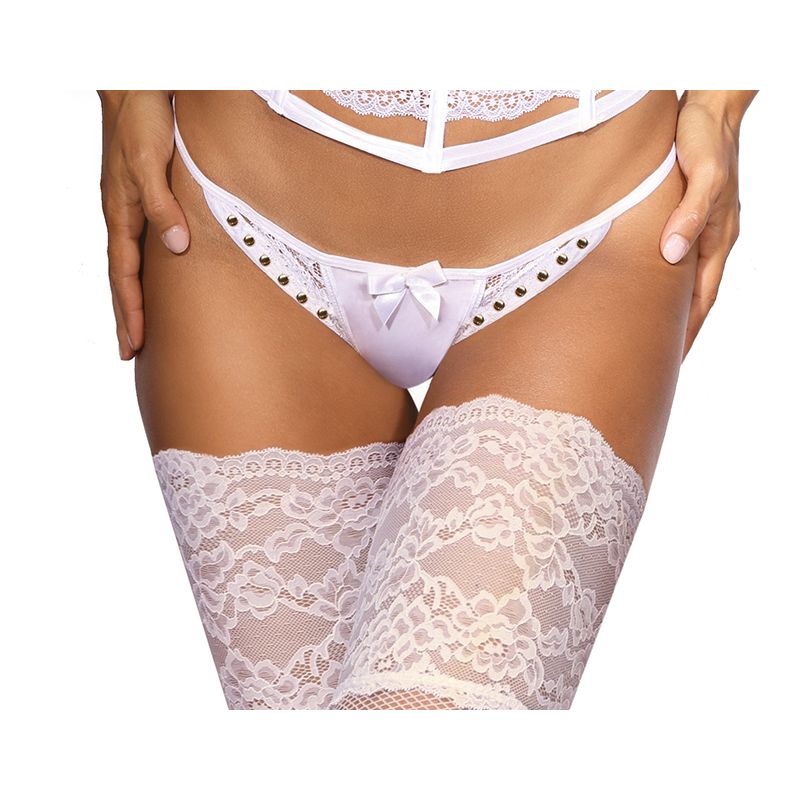 Microfiber and Lace G-String with Studs - White - K. P.