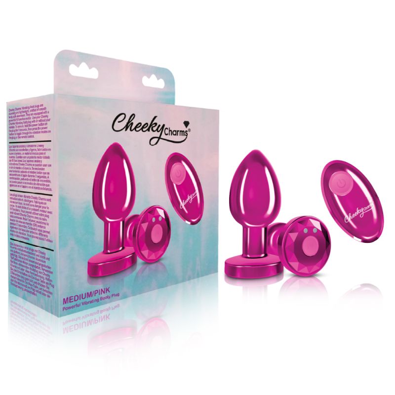Cheeky Charms - Rechargeable Vibrating Metal Butt Plug with Remote - Medium - Pink