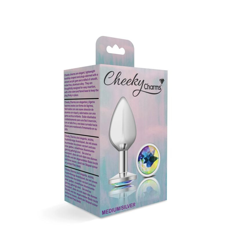 Cheeky Charms Silver Round Butt Plug w Clear Iridescent Jewel Medium