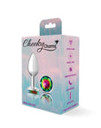 Cheeky Charms Silver Round Butt Plug w Rainbow Jewel Small