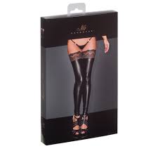 Power Wet Look Thigh High Stockings With Silicone Lace - Black