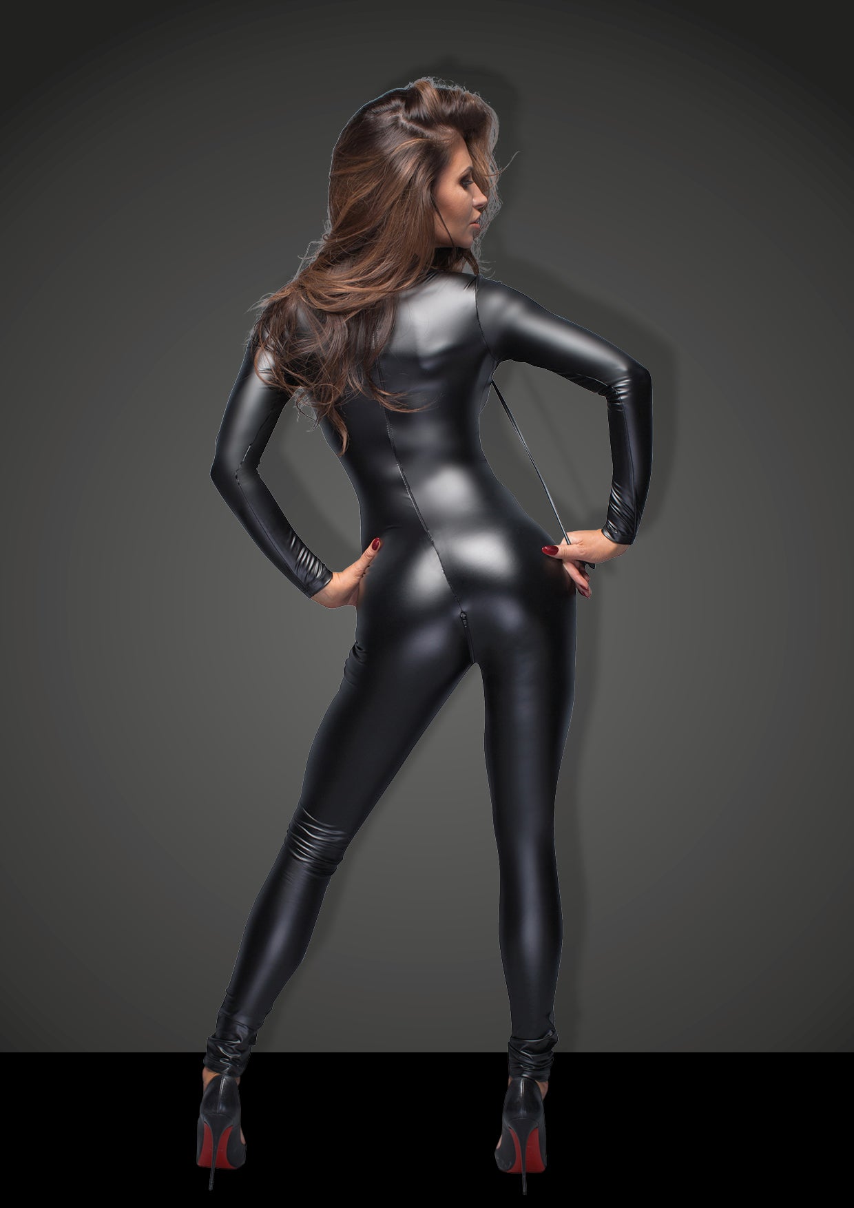 Power Wet Look Overall With Leash And 2 Way Zipper - Black - K. P.
