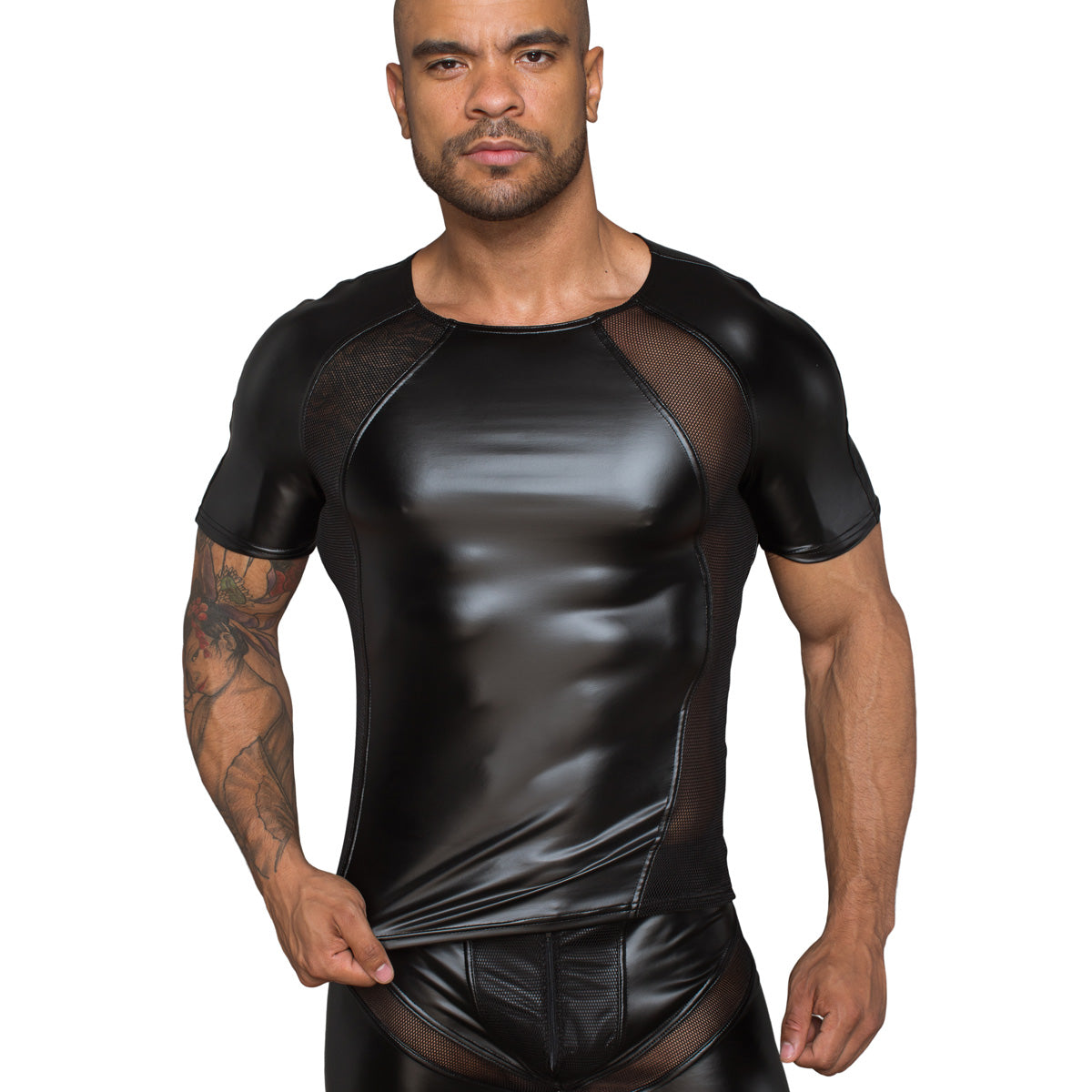 Power Wet Look Men T-shirt With 3D Net - Black