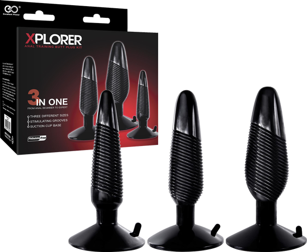 Xplorer - Anal Training Butt Plug Kit - Ribbed - Black