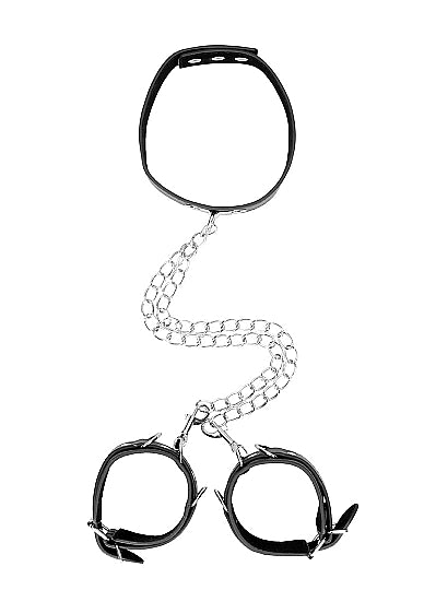 Ouch! - Bonded Leather Collar With Hand Cuffs With Adjustable Straps and Chain - Black - K. P.