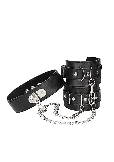 Ouch! - Bonded Leather Collar With Hand Cuffs With Adjustable Straps and Chain - Black - K. P.