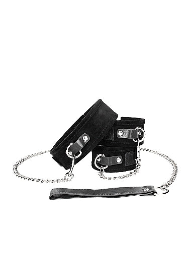 Ouch! Black &amp; White - Velcro Collar With Leash And Hand Cuffs With Adjustable Straps - Black